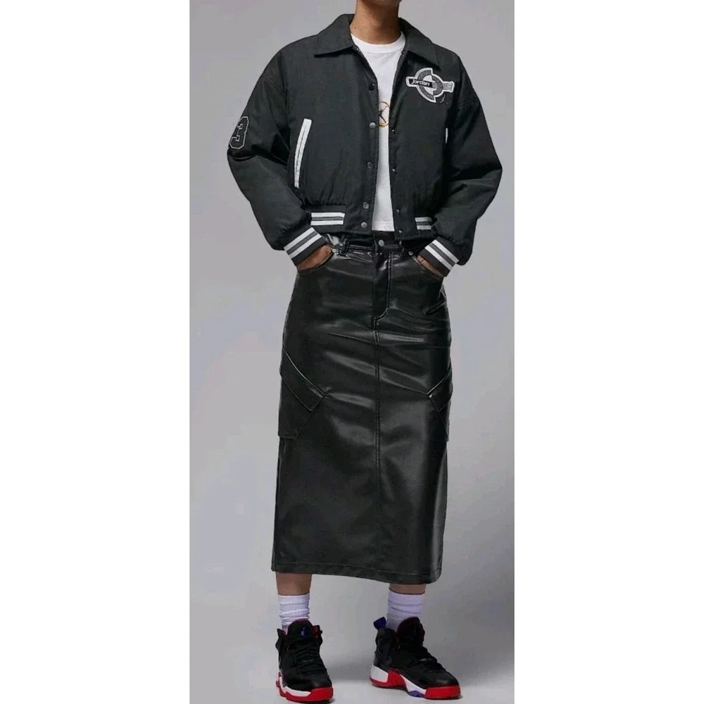 Nike Jordan Flight Chicago Faux Leather Midi Skirt Womens 4 Black IO0583 010